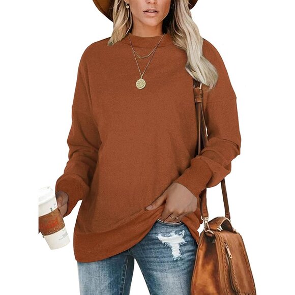 🆕 Women Brown Casual Long Sleeve Round Neck Shirts Tunic Tops Leggings Stylish - Picture 1 of 6